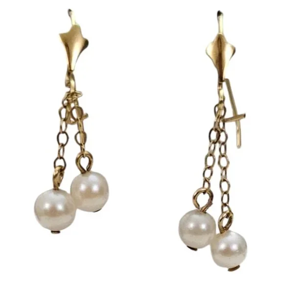 14K Yellow Gold Chain Pearl Charm Dangle Hook Earrings L385